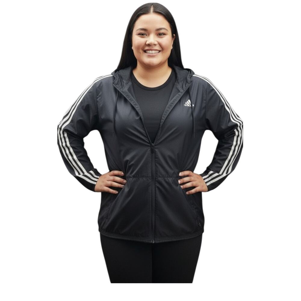 Adidas Hooded Rain Jacket XL Black Lightweight Full Zip 3 Stripe Unisex See Pics